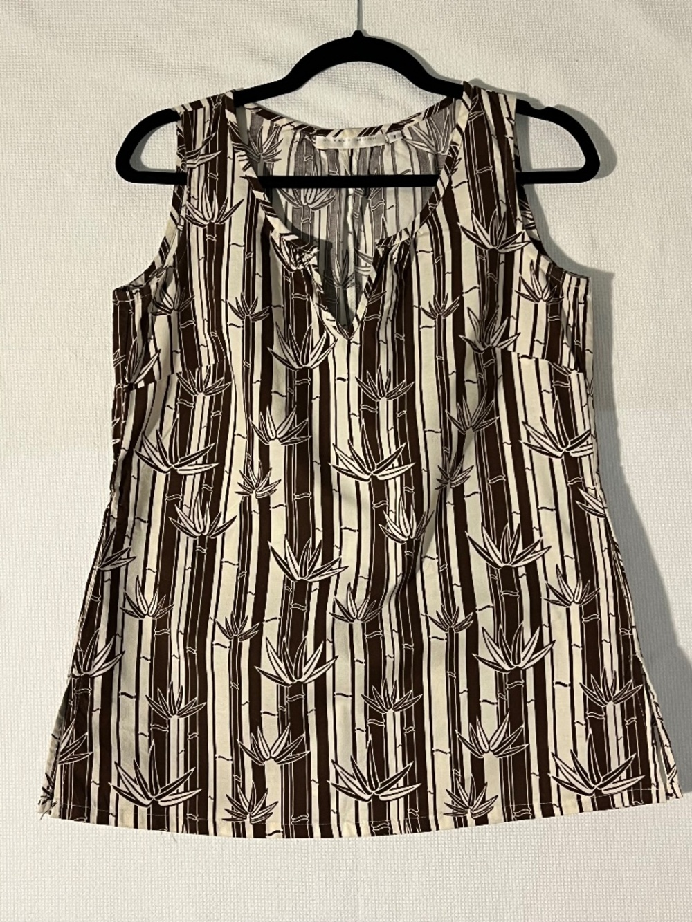 Sunhee Moon Bamboo Print Sleeveless Blouse V-Neck Cotton Top Optional Belt S